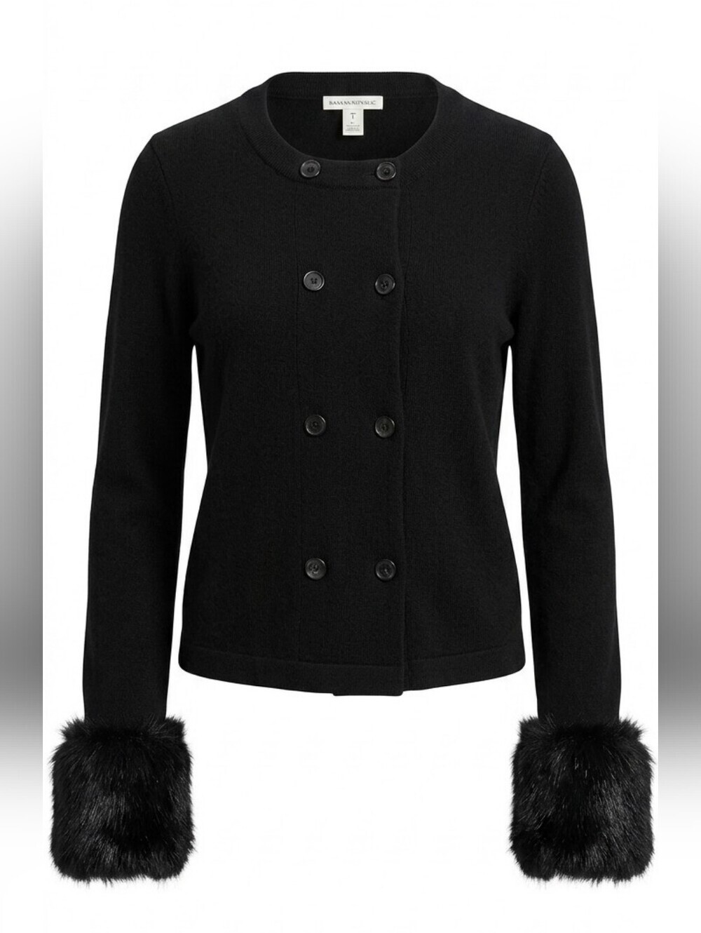 Banana Republic Merino Cashmere Cardigan Black Faux Fur Cuff Sweater Size M